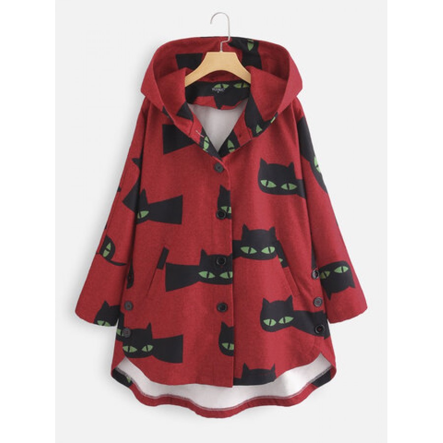 Cartoon Cat Print Side Button Long Sleeve Coat For Women