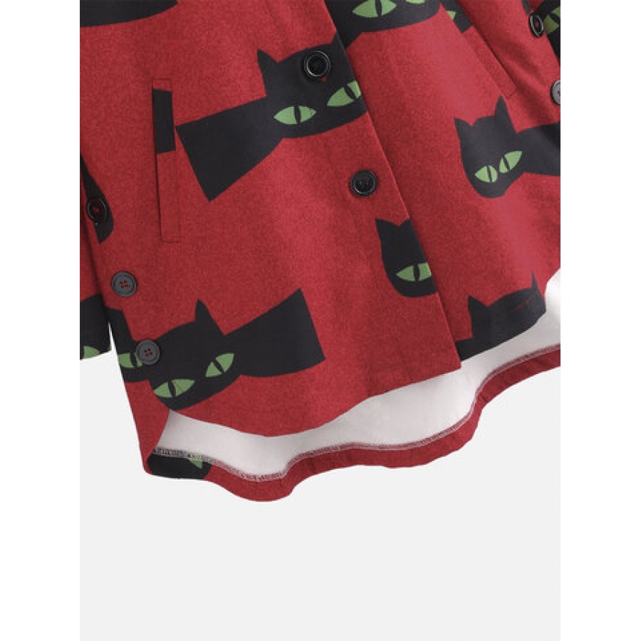 Cartoon Cat Print Side Button Long Sleeve Coat For Women