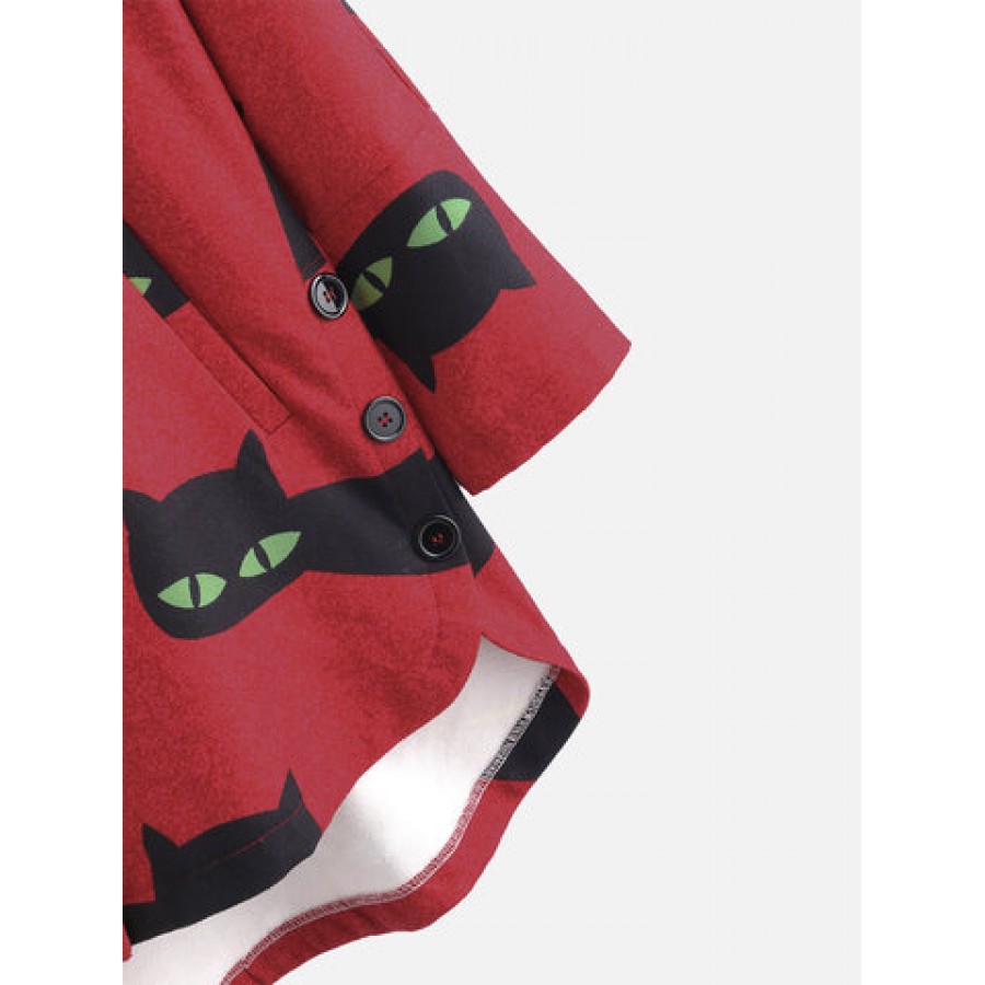 Cartoon Cat Print Side Button Long Sleeve Coat For Women