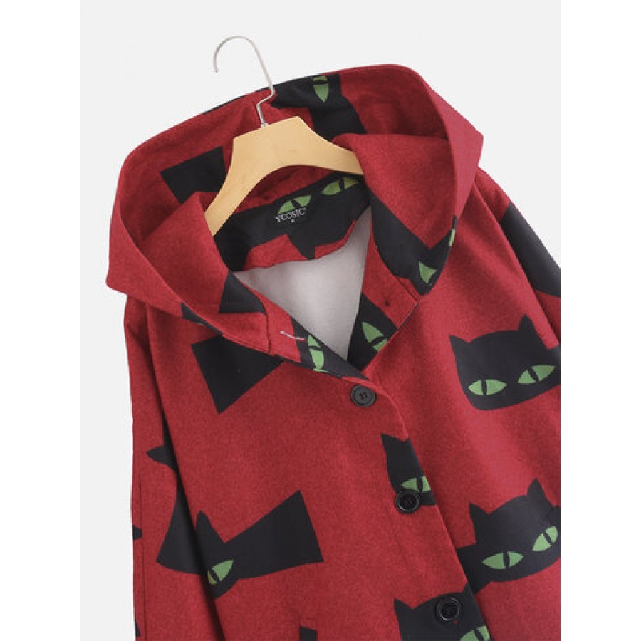 Cartoon Cat Print Side Button Long Sleeve Coat For Women