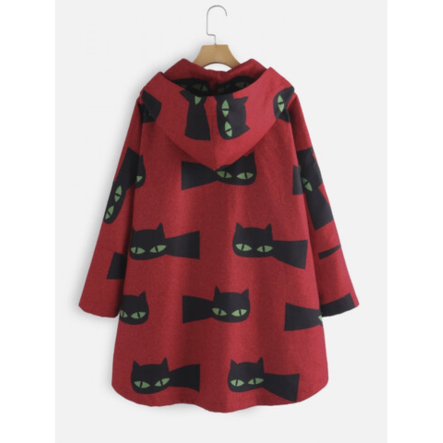 Cartoon Cat Print Side Button Long Sleeve Coat For Women