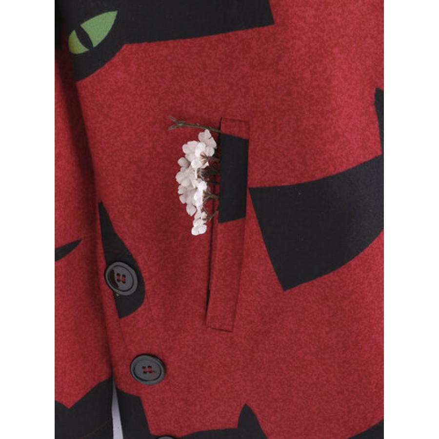 Cartoon Cat Print Side Button Long Sleeve Coat For Women